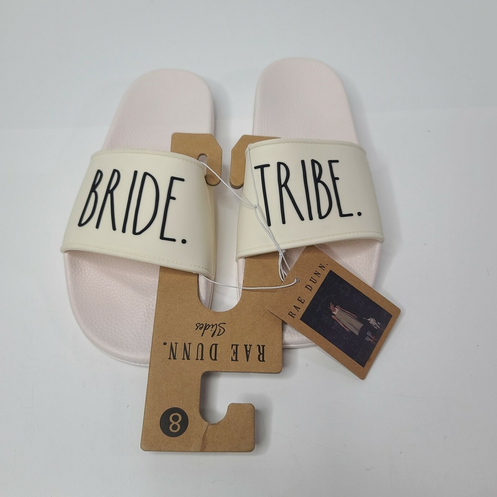 NWT Rae Dunn Size 8 Bride Tribe White Slide Sandals, Bridesmaid Women's